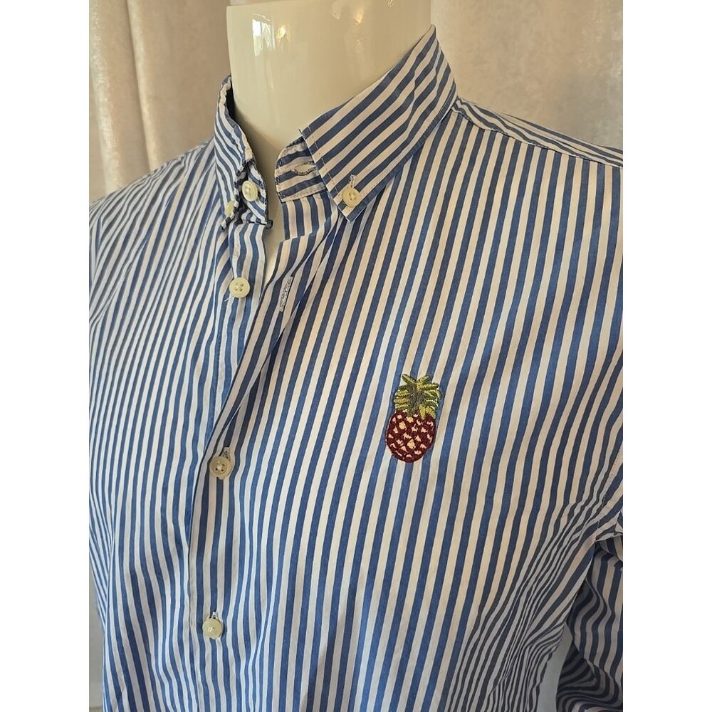 Zara Man Shirt Men Elbow Patches Button Dress Blue Slim Fit Pineapple Logo M L - Picture 2 of 8